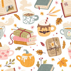 Autumn seamless pattern with books, various cozy hot drinks in cute cups and leaves. Hand-drawn vector illustrations in cartoon trendy textured pastel style.