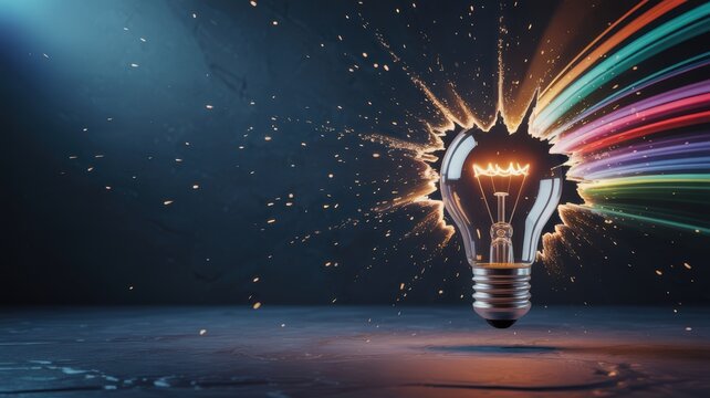 Glowing light bulb bursting with vibrant colorful light streaks and sparks on a dark background - Powered by Adobe