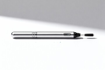 A silver cylindrical object with a brush attachment on a white surface under soft lighting conditions