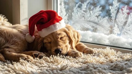 Cute Golden Retriever Puppy Wearing Santa Hat Sleeping by Snowy Window.