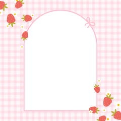 Cute kawaii arch template square vector frame with strawberries. Cartoon hand-drawn doodle style. for stationery, design stickers for notes, notebook sheets, posts for social networks. Pastel palette.