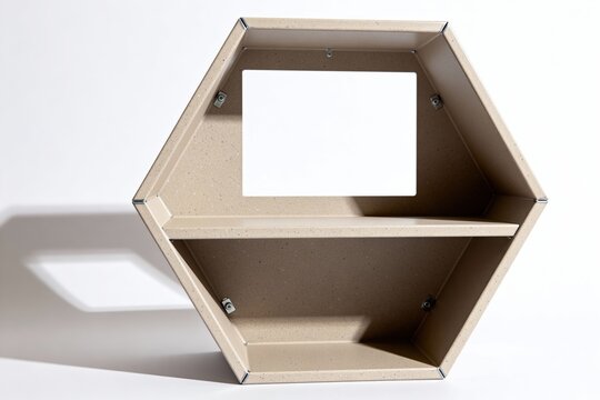 A beige hexagon shelf with a rectangular cutout on a white background with a light shadow