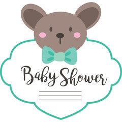 Cute Teddy Bear With Teal Bow Tie And Baby Shower Text On Translucent Cloud Border With Teal Outline On White Background