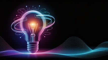 Glowing light bulb with futuristic circuit connections and vibrant neon waves on dark background