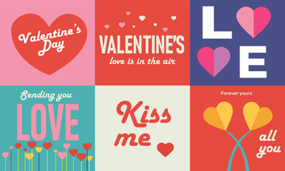 Romantic Valentine’s Day card set with colorful hearts, sweet love messages, modern typography and playful holiday illustrations
