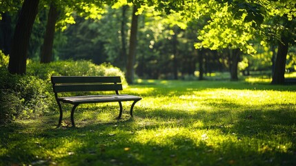 Serene Park Scene Featuring Empty Wooden Bench Surrounded by Lush Green Grass and Sunlit Trees in a Peaceful Natural Setting