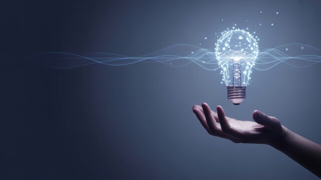 Glowing particle light bulb held by a hand, symbolizing innovation and technological progress