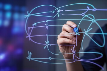 Hand drawing interconnected network diagram on transparent screen for business strategy and data flow.