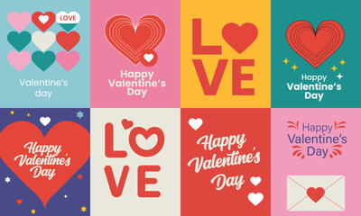 Colorful Valentine’s Day card set with heart illustrations, bold love typography, romantic messages and modern festive designs
