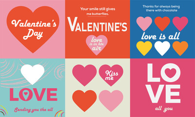 Romantic Valentine’s Day card set with colorful hearts, love typography, sweet messages and modern festive graphic illustrations