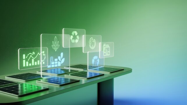 Holographic data panels displaying environmental sustainability icons and green energy concepts.