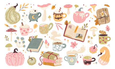 Big autumn set with books, various cozy hot drinks in cute cups, pumpkins, mushrooms and leaves. Hand-drawn vector illustrations in cartoon trendy textured pastel style. Isolate on white background.