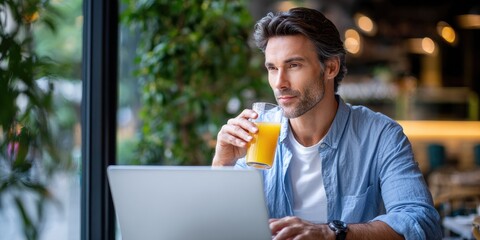 Smart businessman portrait drinking fresh orange juice in coffee shop cafeteria casual freelancer working on laptop relaxing environment