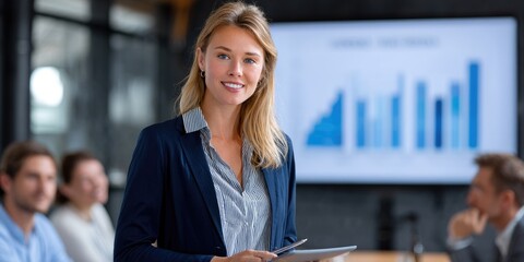 Young female businessperson presenting data analytics and statistics to audience in modern boardroom environment