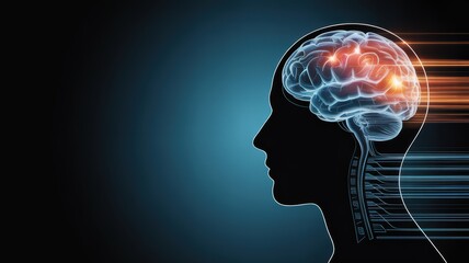 Obraz premium Human brain silhouette with glowing neural activity and data streams symbolizing thought