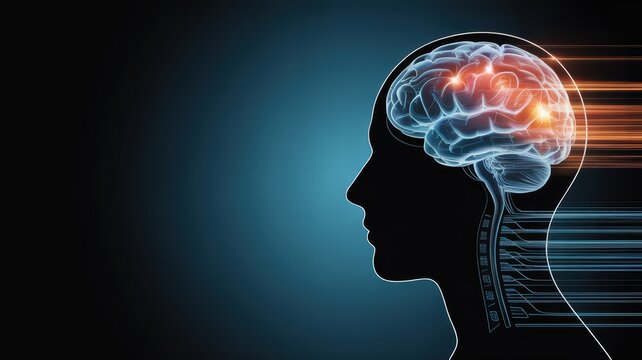 Human brain silhouette with glowing neural activity and data streams symbolizing thought