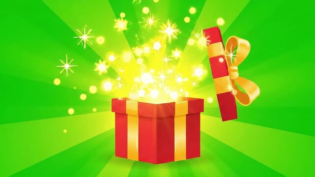 Red Gift Box Opening With Golden Sparkles And Light Rays.