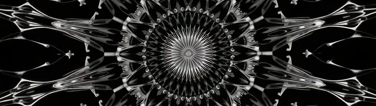 Symmetrical, detailed black and white pattern abstract kaleidoscope, background.