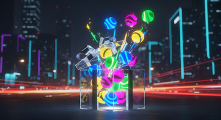 Digital Symphony: A vibrant display of digital data cascades and explodes against the backdrop of a futuristic city skyline. The energy of data in motion