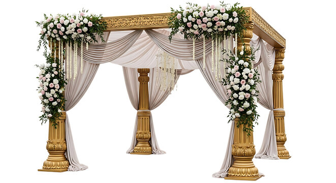 Ornate golden wedding mandap structure draped with flowing sheer fabric and floral arrangements isolated on a transparent background