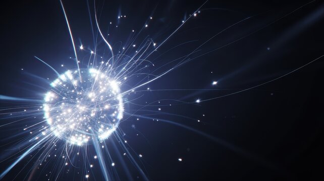 Luminous orb radiating bright energy particles and light trails in a dark digital space.