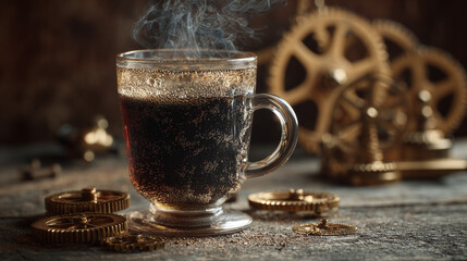 A captivating close-up of a steaming cup of coffee with a steampunk aesthetic, surrounded by intricate gears and cogs. The steam rising from the coffee suggests warmth and freshness