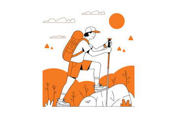 A hiker with a backpack and trekking poles ascends a rocky trail.