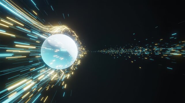 Luminous sphere with dynamic blue and gold light trails symbolizing high-speed data flow and energy transfer