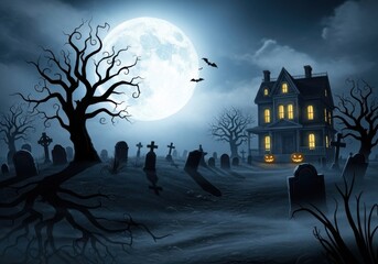 Spooky Halloween night with a haunted house and castle under the moon