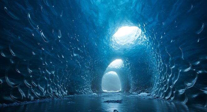 Stunning Blue Ice Cave Interior with Bright Exit Light and Textured Walls