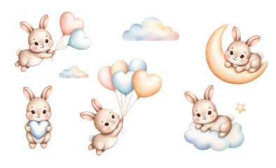 Obraz premium Cute kids watercolor rabbits with balloons for baby birthday. Soft pastel moon and cloud bunny watercolor nursery art.