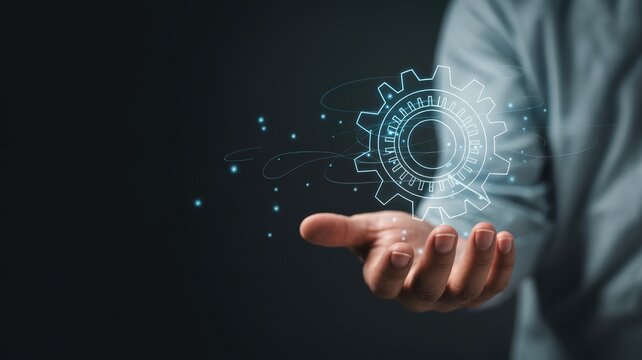 Person holding a glowing digital gear icon representing technology innovation and system solutions