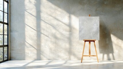 An empty canvas sits on a wooden easel in a bright studio, with sunlight streaming through a large window and casting shadows on a textured wall.