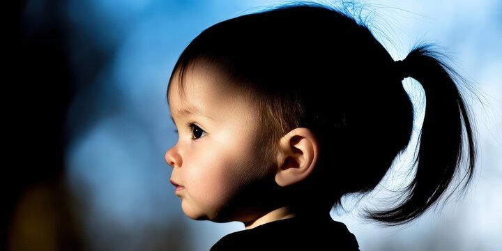 A baby with a ponytail is looking up at the camera. The image has a calm and peaceful mood, as the baby is simply looking at the camera without any apparent emotion