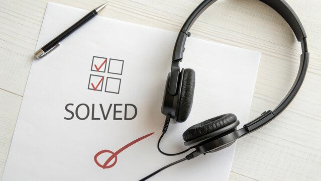Black headset resting on paper marked solved with a tick