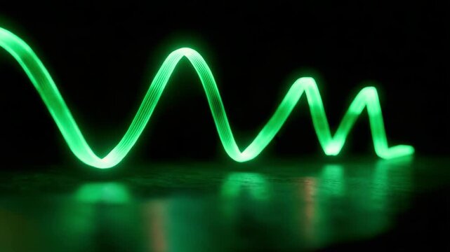 A Captivating Display of Glowing Green Waveforms Captured in Two Frames, Demonstrating the Fluid Motion and Luminosity of Oscillating Light Patterns Against a Dark Backdrop.