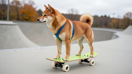 Dog stands confidently on skateboard in skate park, showcasing its playful spirit and agility. autumn scenery adds vibrant backdrop