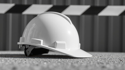 White hard hat resting on surface, symbolizing safety and construction. background features caution tape, enhancing theme of workplace safety
