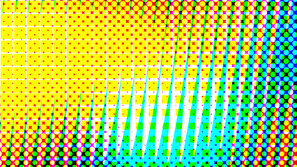Obraz premium Vibrant CMYK halftone pop art background abstract color screen texture digital graphic design wallpaper backdrop