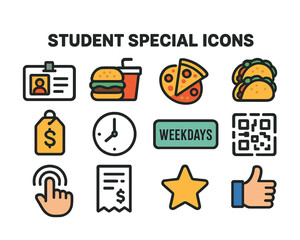 Student special icons: id, food, tags, and more in colorful design
