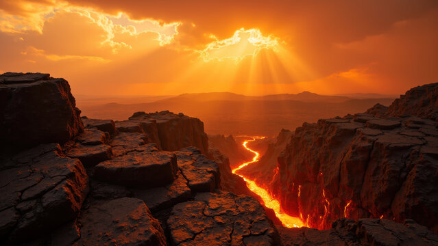 Majestic sunset over volcanic landscape, showcasing glowing lava flowing through rocky terrain, with dramatic clouds and rays of sunlight