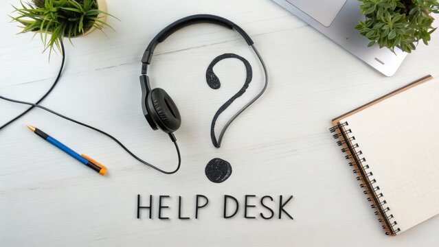 Headset Cable Forming a Question Mark Over Help Desk Text