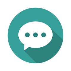 Chat Bubble Icon with Long Shadow on Teal Circle Background.