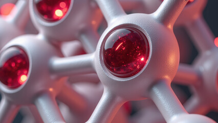 High fidelity 3D rendering of molecular structure with red spheres, showcasing intricate details and textures. image evokes sense of scientific