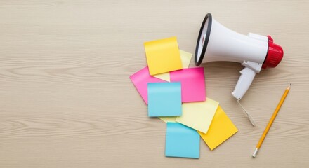 Colorful sticky notes and megaphone on desk with pencil