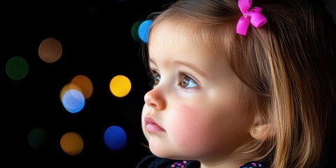 A young girl with pink hair and a pink bow in her hair is looking at the camera. The image has a warm and playful mood, with the girl's bright eyes and the pink bow adding a sense of innocence