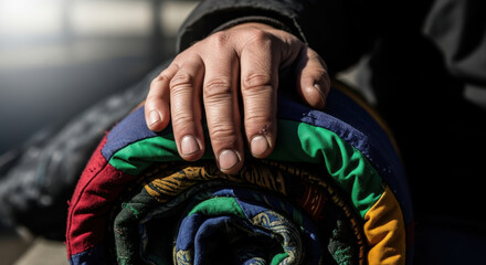 Hand resting on rolled colorful blanket, symbolizing support for homelessness awareness and assistance efforts