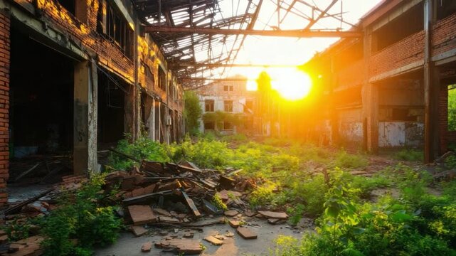 The Sunlit Ruins: An abandoned building, bathed in the warm glow of the setting sun, offers a glimpse into a forgotten era, nature is reclaiming the building. 