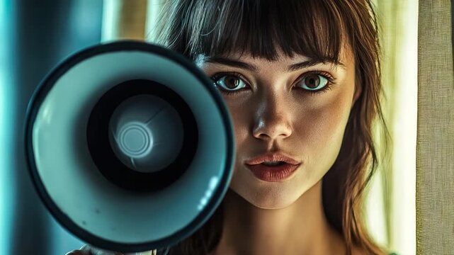 A woman holds a megaphone in front of her face, possibly using it to amplify her voice or add emphasis