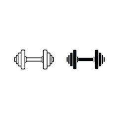 Two dumbbells, one in line art and one in solid fill isolated on